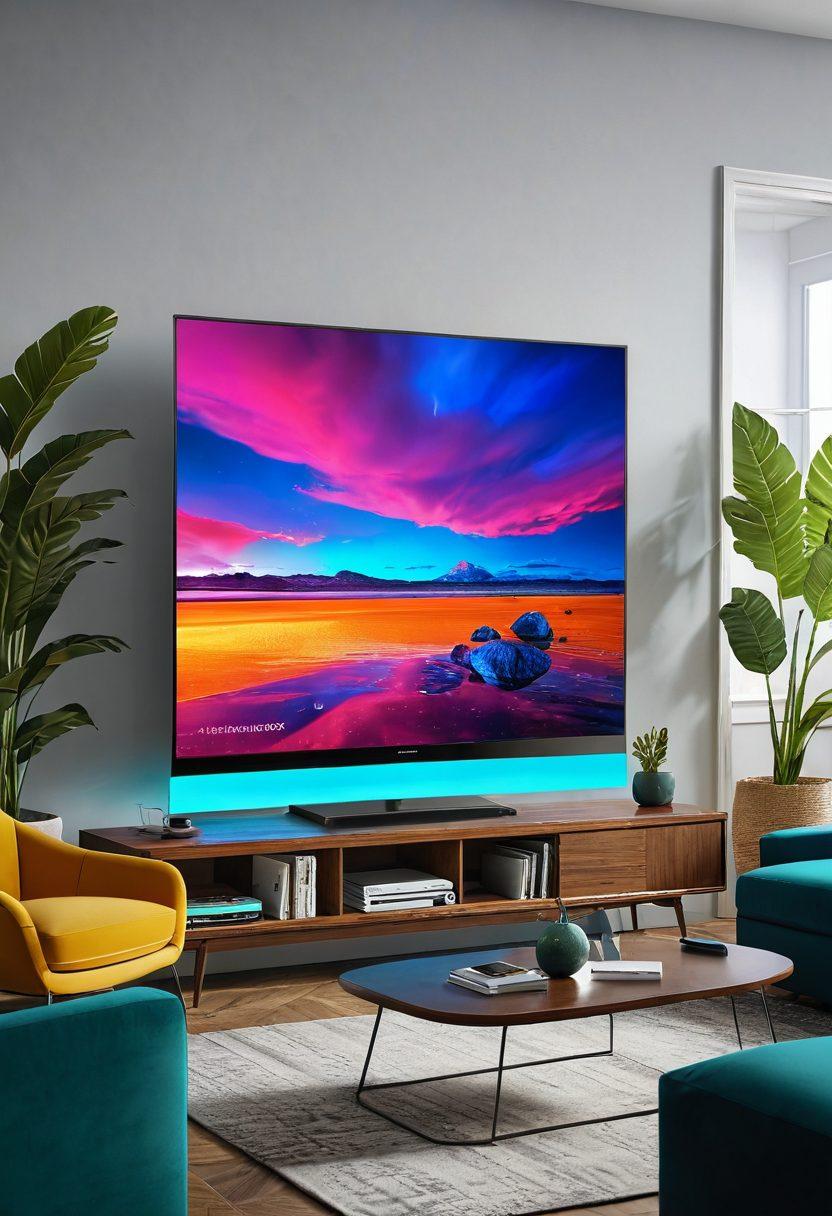 A dynamic scene showing a modern living room with a portable TV displaying short-form content, like clips and highlights. Bright colors highlighting engaging visuals like animated characters, trailers, and trending social media clips. Include a diverse group of people, of different ages, enjoying and interacting with the TV, reflecting excitement and connection. Enhance the environment with stylish furniture and contemporary decor. vibrant colors. 3D. digital art.