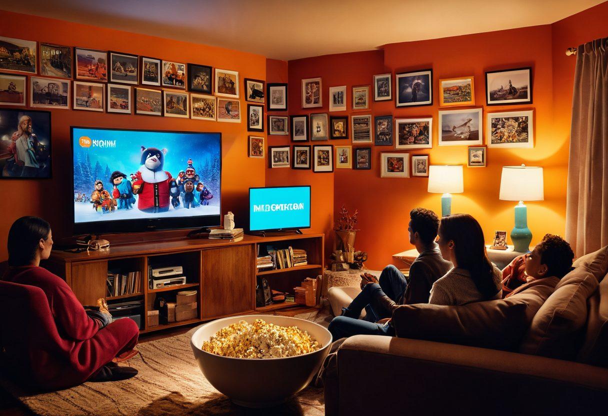 A cozy living room scene featuring a family gathered around a small screen, joyfully watching a colorful array of mini TV shows and micro films. The walls are adorned with film-related posters, and a bowl of popcorn is in the foreground, exuding warmth and excitement. Soft, ambient lighting creates an inviting atmosphere, symbolizing the future of entertainment. super-realistic. vibrant colors. cozy setting.