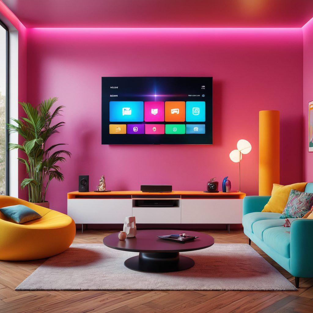 A futuristic living room with a sleek mini television displaying colorful streaming icons, surrounded by cozy furniture. Bright digital screens showing various mini TV shows and movies in vibrant colors, showcasing a blend of traditional and modern entertainment. Ambient lighting casts a warm glow, symbolizing the evolution of digital entertainment. super-realistic. vibrant colors. 3D.